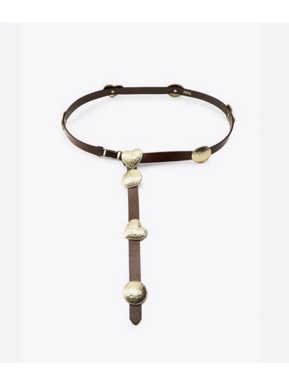 ZARA Hammered Gold Heart Drop Belt Brown Leather Size 85 Statement Design NWOT M - Picture 2 of 15